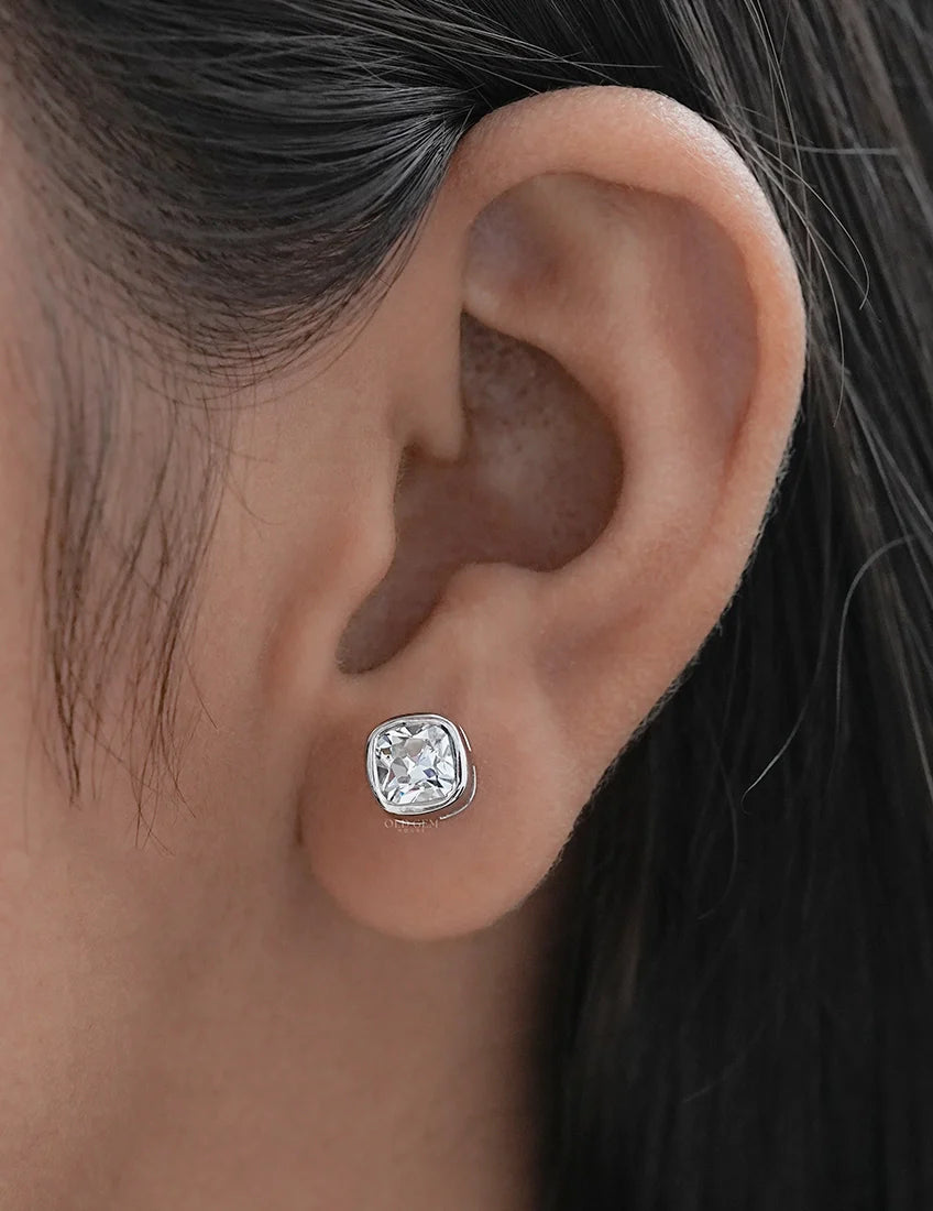 Old Mine Cushion Bezel Stud Earrings