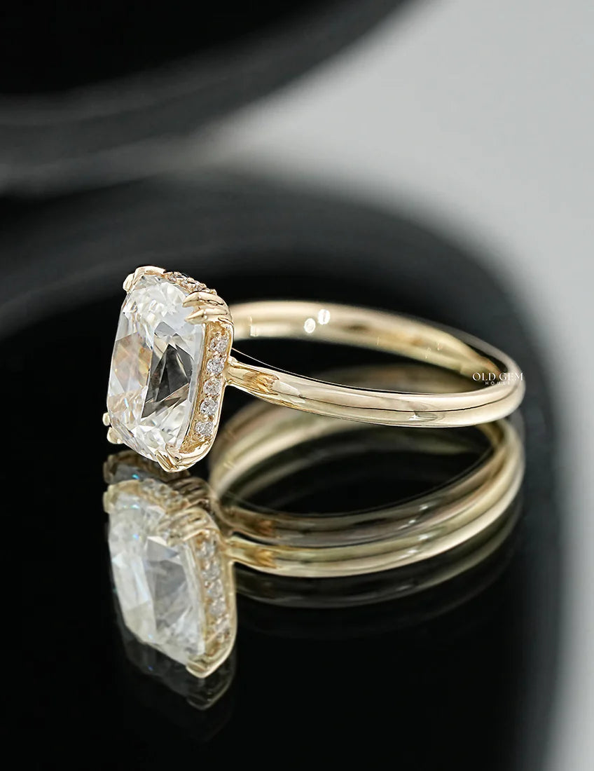 Old Mine Cushion Double Prong Set Hidden Halo Ring