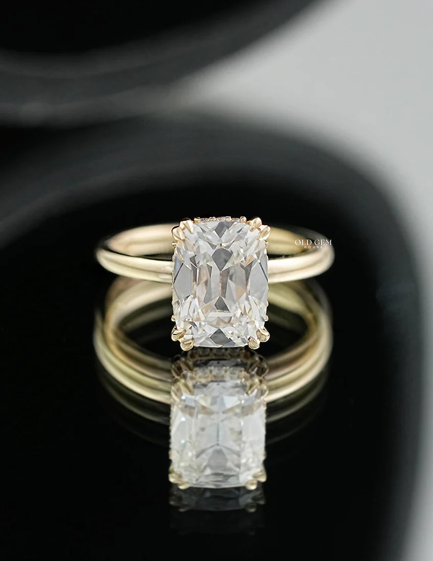 Old Mine Cushion Double Prong Set Hidden Halo Ring