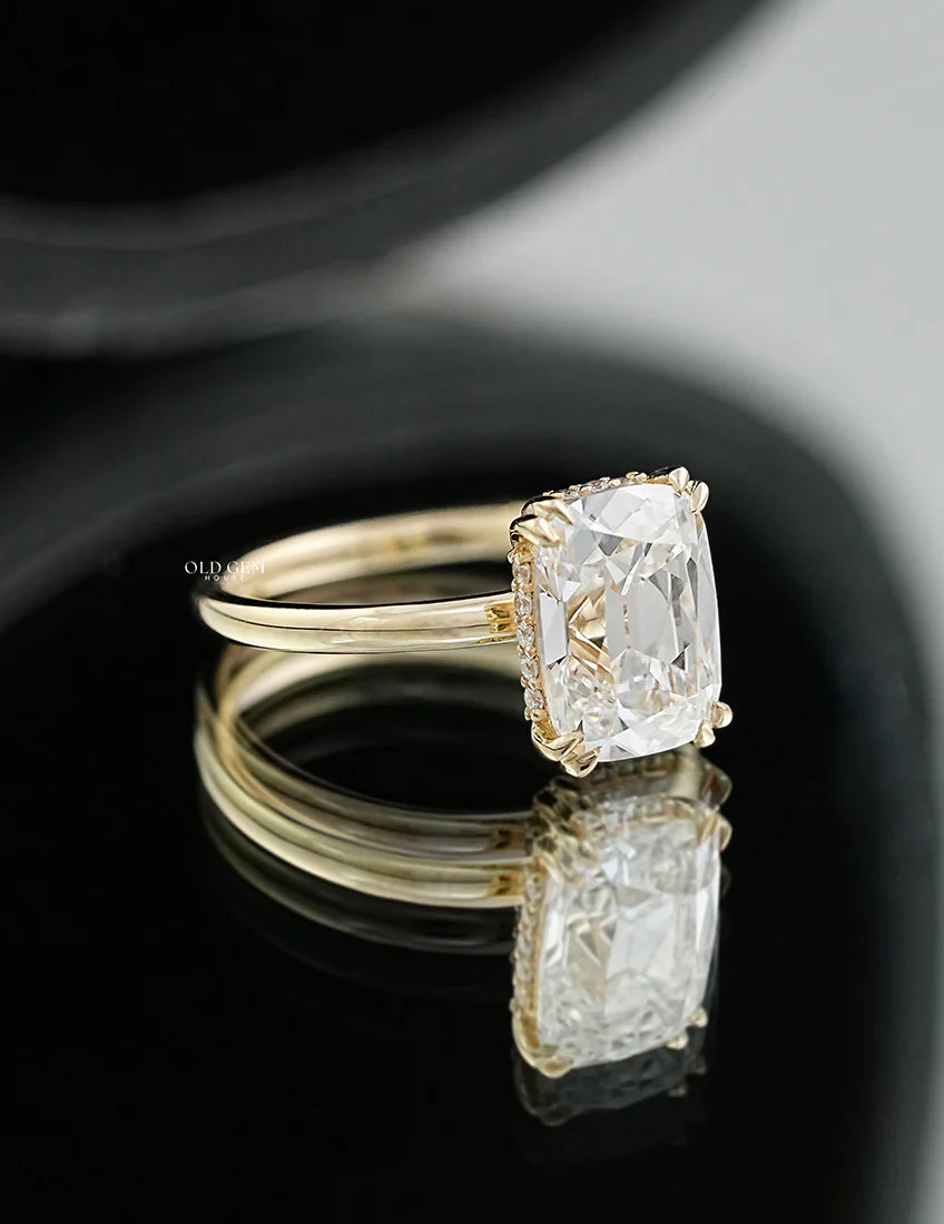 Old Mine Cushion Double Prong Set Hidden Halo Ring