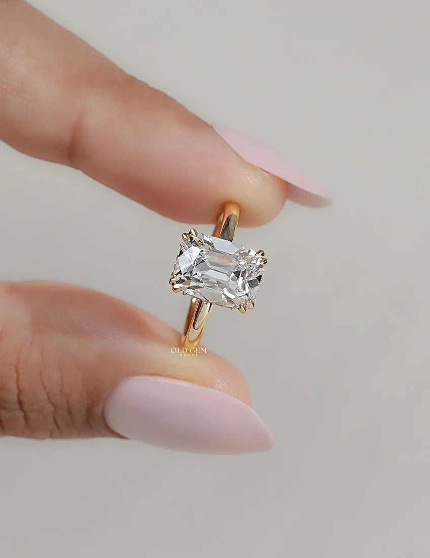 Old Mine Cushion Double Prong Set Hidden Halo Ring